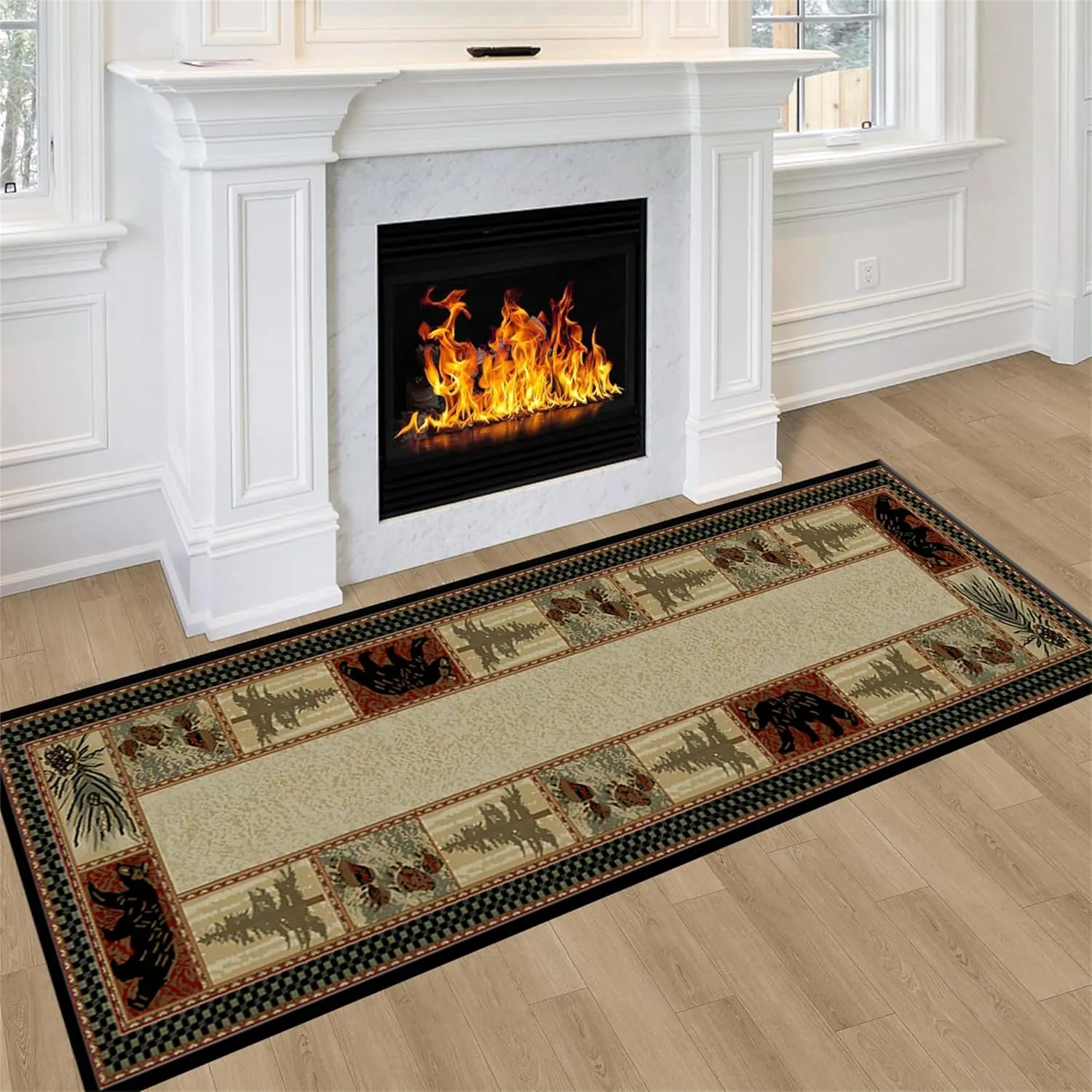Rustic Wildlife Runner Rug Retro Lodge Forest Wild Animals Bears Maple Leaf Decoration Hallway Rugs Cabin Theme Beige Long Carpet for Indoor Entryway Kitchen Bathroom Laundry, 3.3x12ft