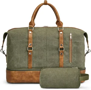 S-ZONE Weekender Bag for Men Canvas Duffle Large Weekend Overnight Travel Carry On Tote Bag with Shoe Compartment (Army Green)
