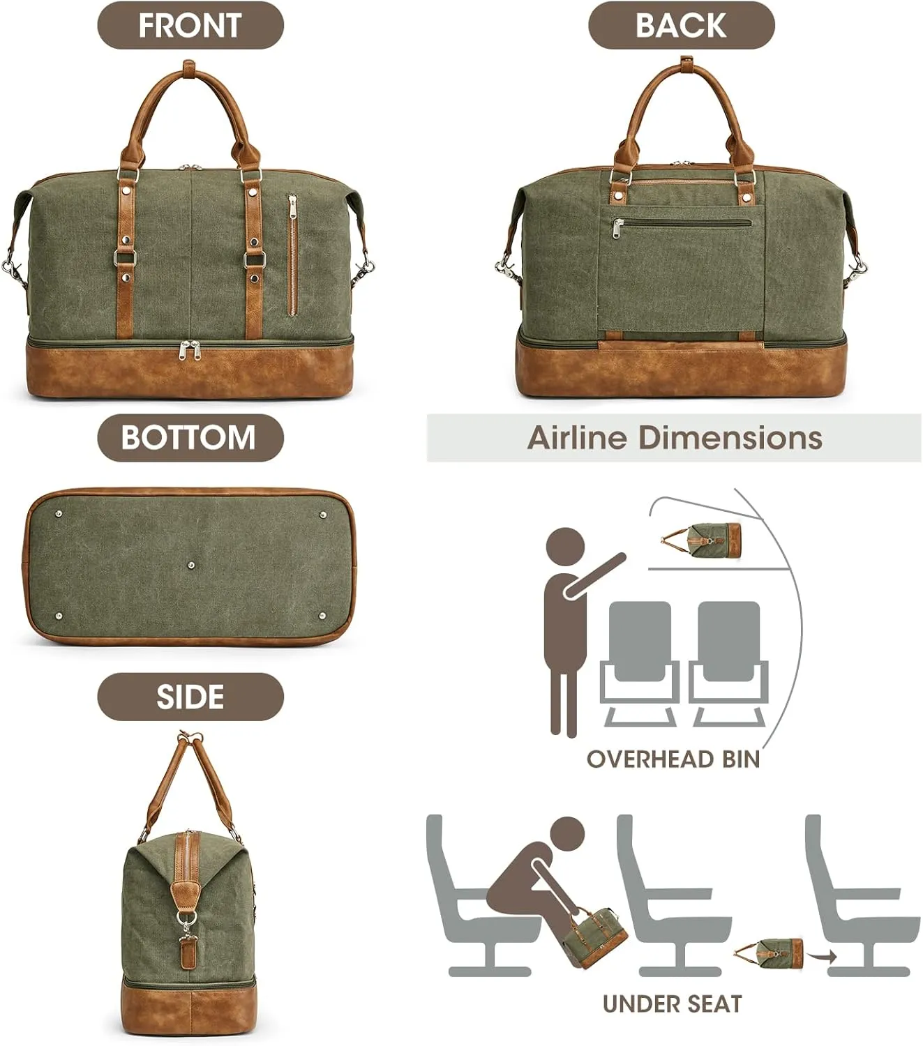 S-ZONE Weekender Bag for Men Canvas Duffle Large Weekend Overnight Travel Carry On Tote Bag with Shoe Compartment (Army Green)