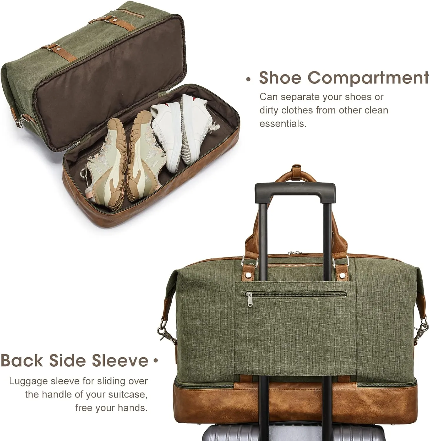 S-ZONE Weekender Bag for Men Canvas Duffle Large Weekend Overnight Travel Carry On Tote Bag with Shoe Compartment (Army Green)