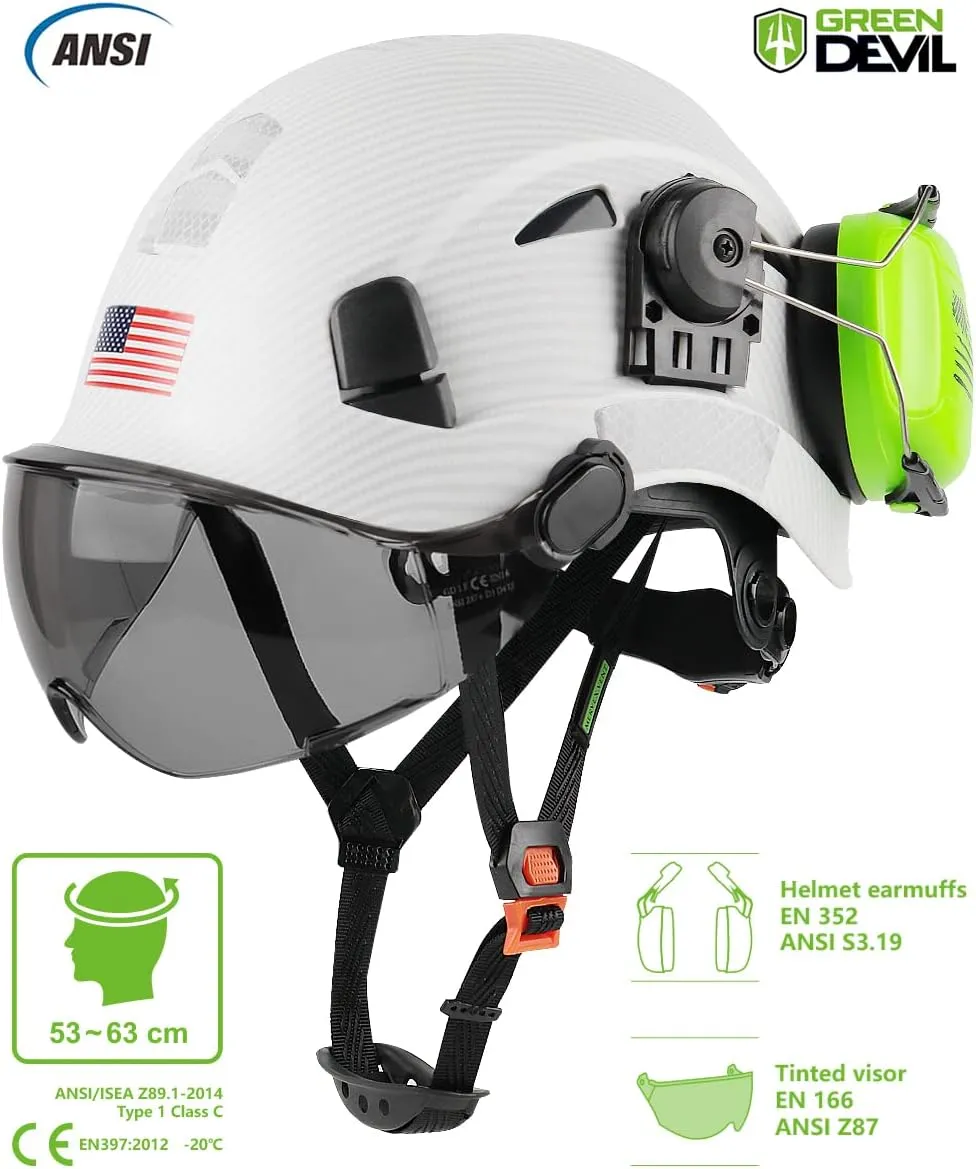 Safety Helmet Hard Hat with Visor and Ear Protection Adjustable Lightweight Vented ABS Work Helmet for Men and Women 6-Point Suspension ANSI Z89.1 Approved Ideal for Industrial & Construction