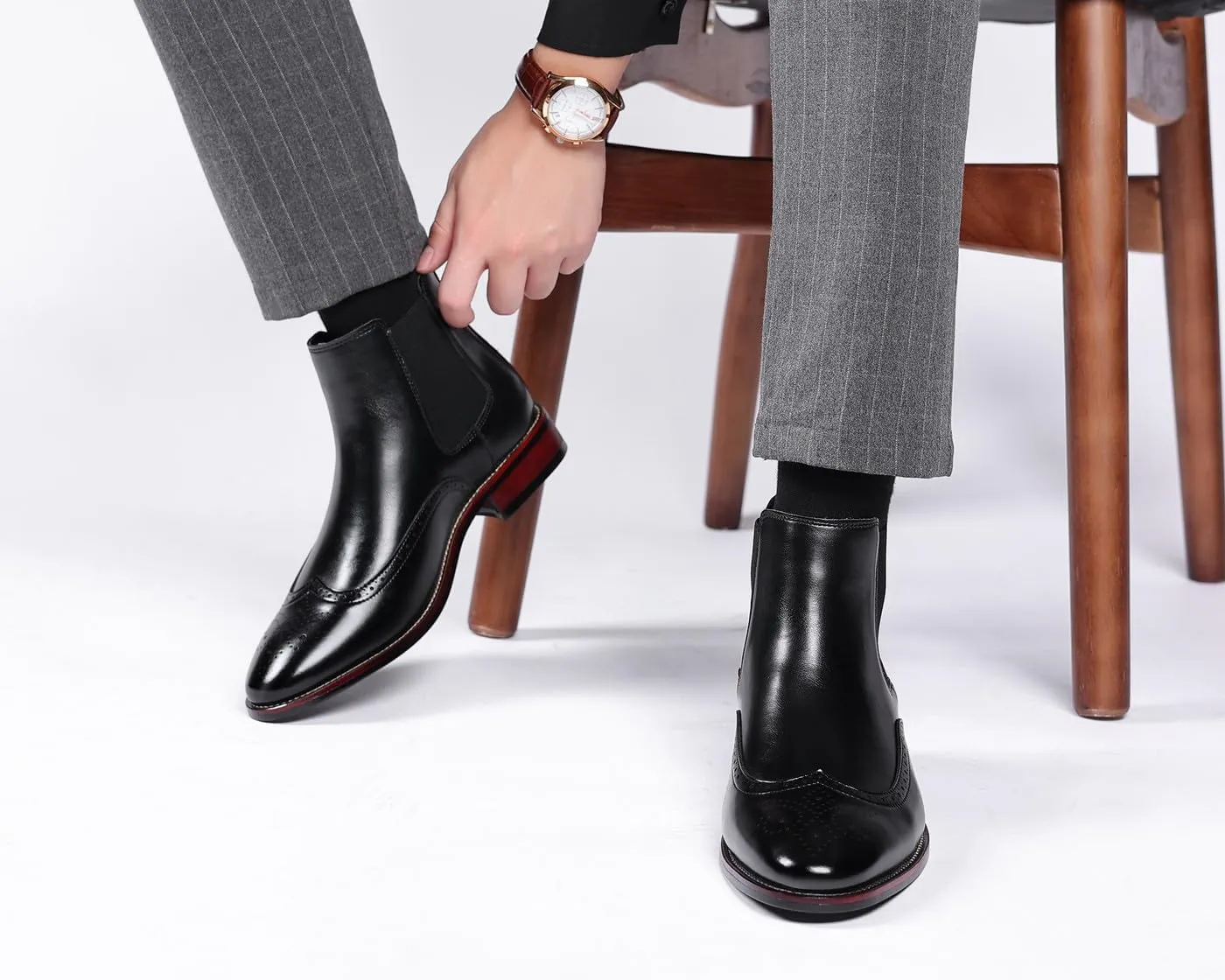 Santimon Brogue-Detail Chelsea Boots Slip-on Formal Dress Boots for Men Casual Ankle Men Boots