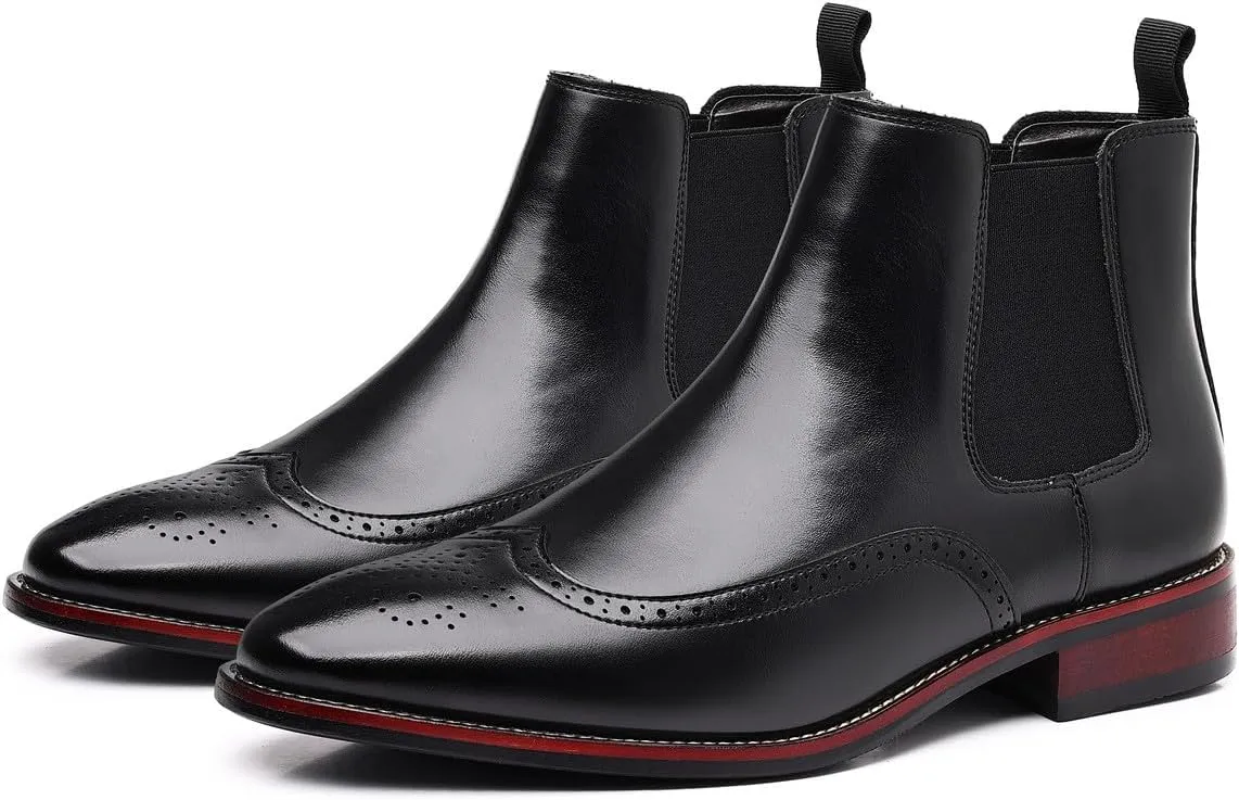 Santimon Brogue-Detail Chelsea Boots Slip-on Formal Dress Boots for Men Casual Ankle Men Boots