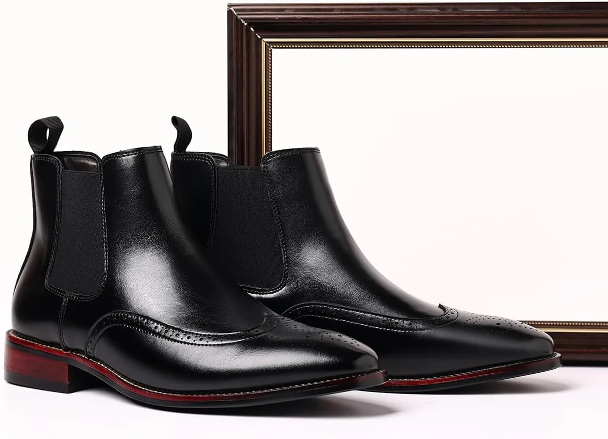 Santimon Brogue-Detail Chelsea Boots Slip-on Formal Dress Boots for Men Casual Ankle Men Boots