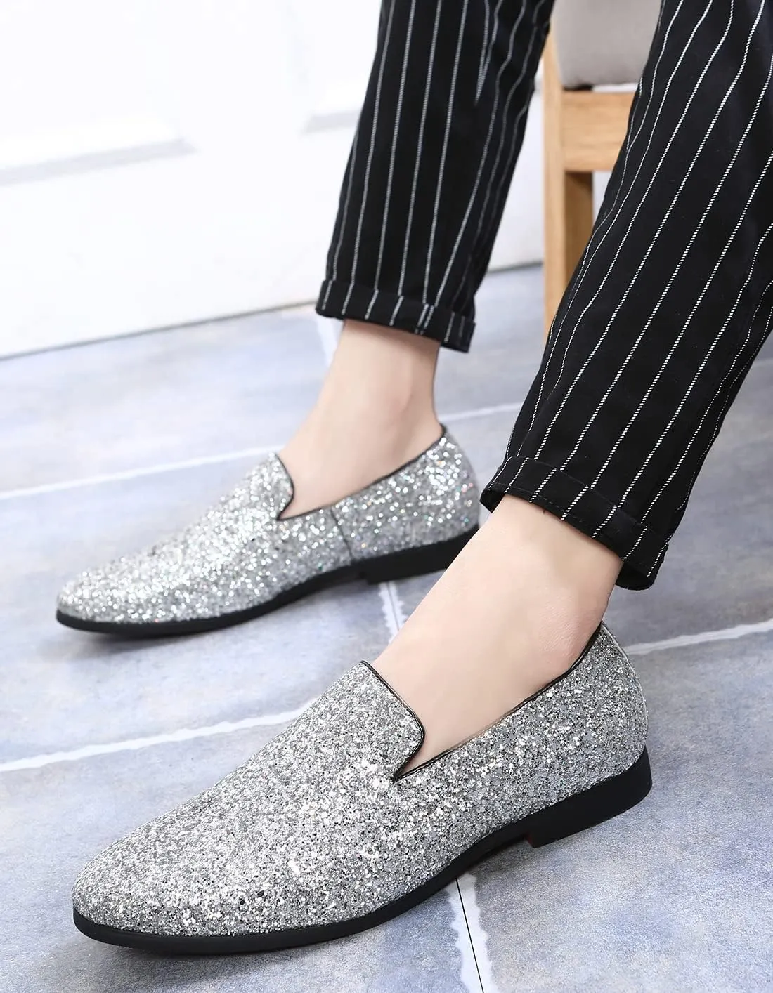 Santimon Mens Glitter Loafers Slip-On Dress Shoes – Sparkly Tuxedo & Suit Shoes for Weddings, Parties, and Formal Events
