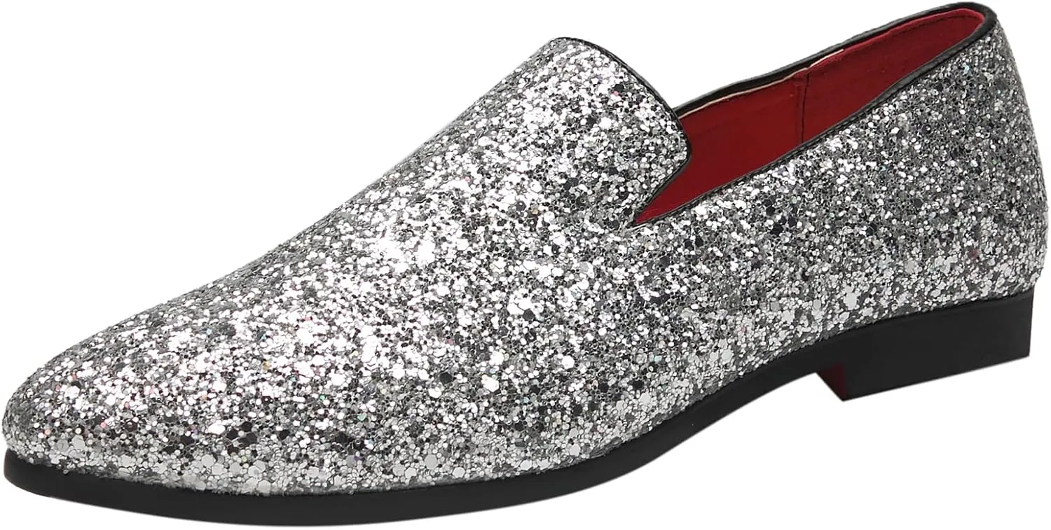 Santimon Mens Glitter Loafers Slip-On Dress Shoes – Sparkly Tuxedo & Suit Shoes for Weddings, Parties, and Formal Events