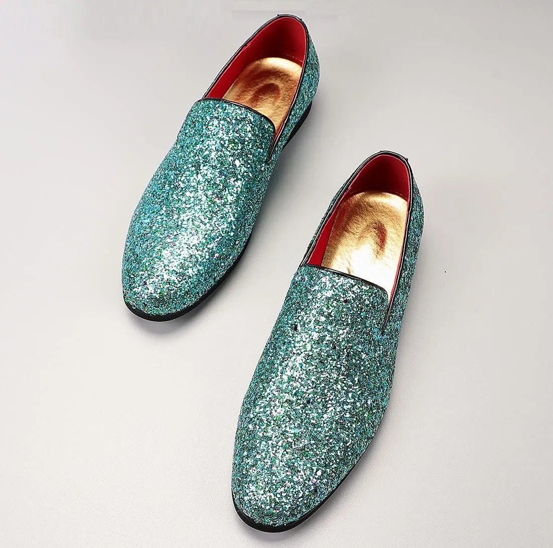 Santimon Mens Glitter Loafers Slip-On Dress Shoes – Sparkly Tuxedo & Suit Shoes for Weddings, Parties, and Formal Events