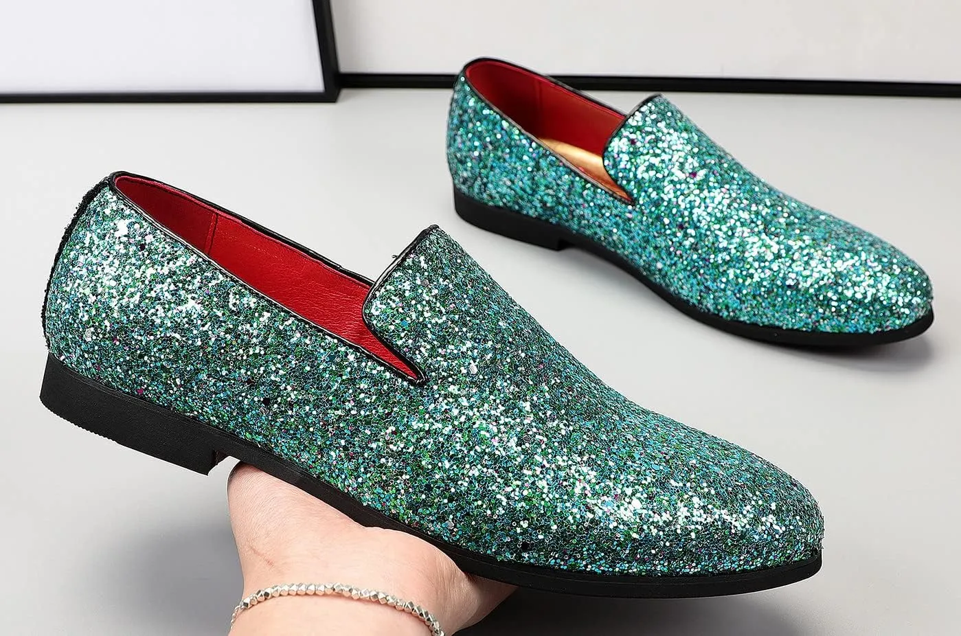 Santimon Mens Glitter Loafers Slip-On Dress Shoes – Sparkly Tuxedo & Suit Shoes for Weddings, Parties, and Formal Events