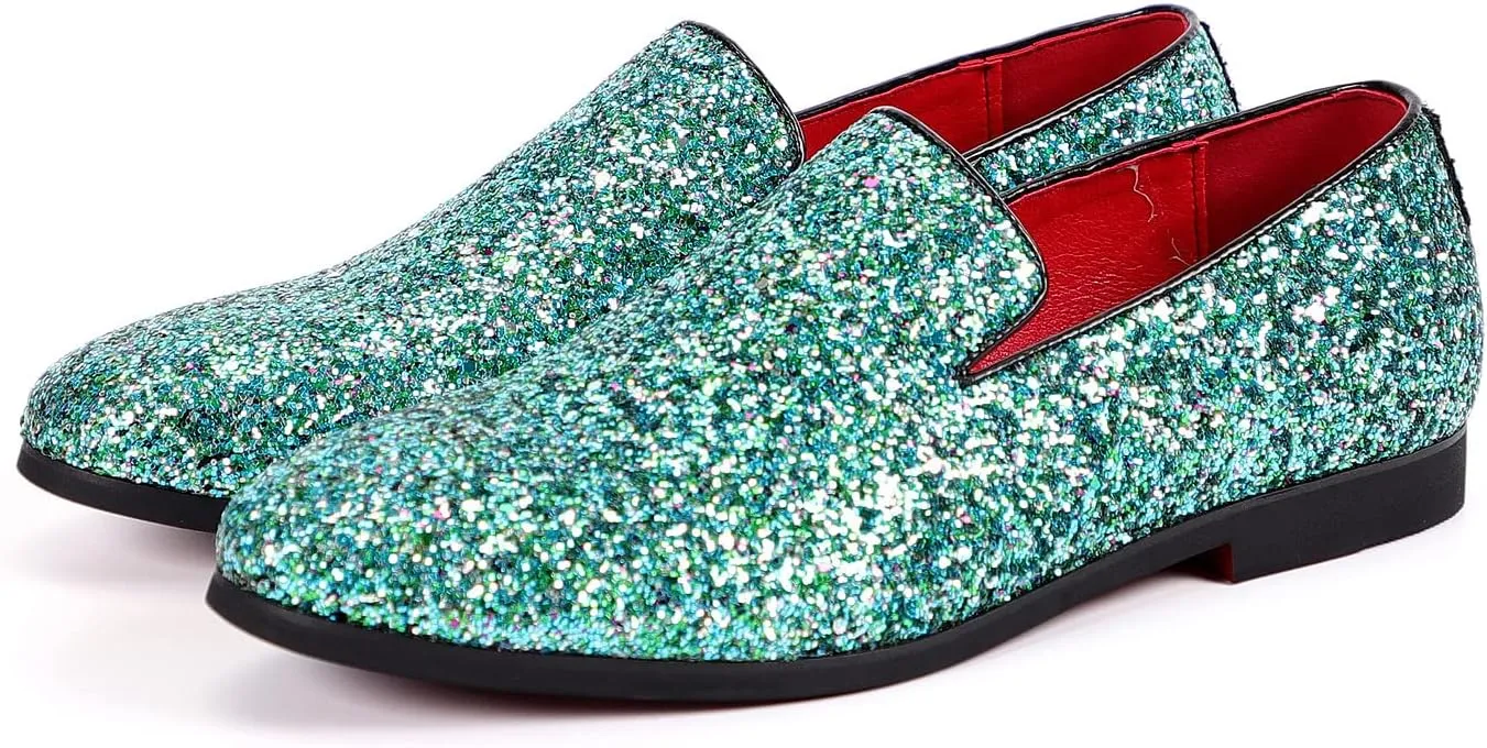 Santimon Mens Glitter Loafers Slip-On Dress Shoes – Sparkly Tuxedo & Suit Shoes for Weddings, Parties, and Formal Events