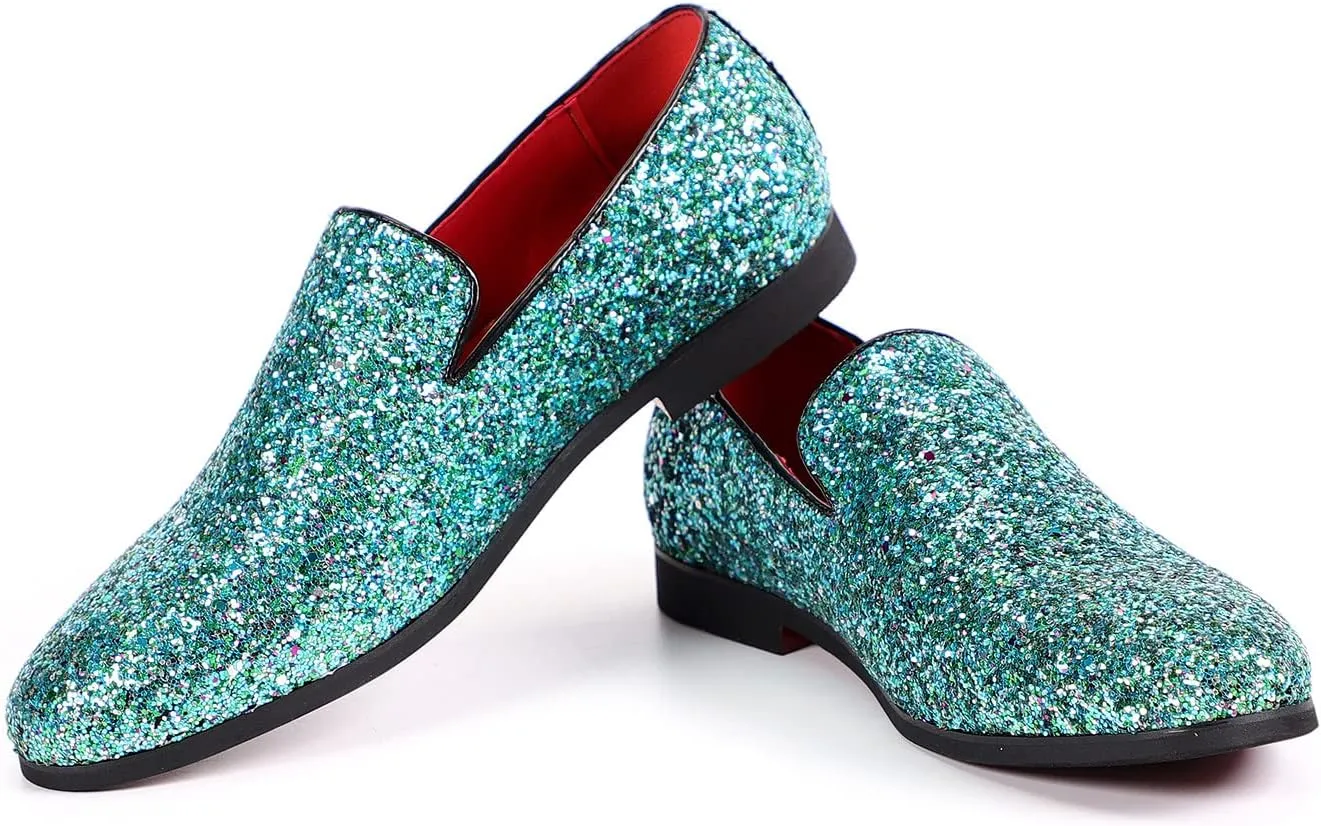 Santimon Mens Glitter Loafers Slip-On Dress Shoes – Sparkly Tuxedo & Suit Shoes for Weddings, Parties, and Formal Events