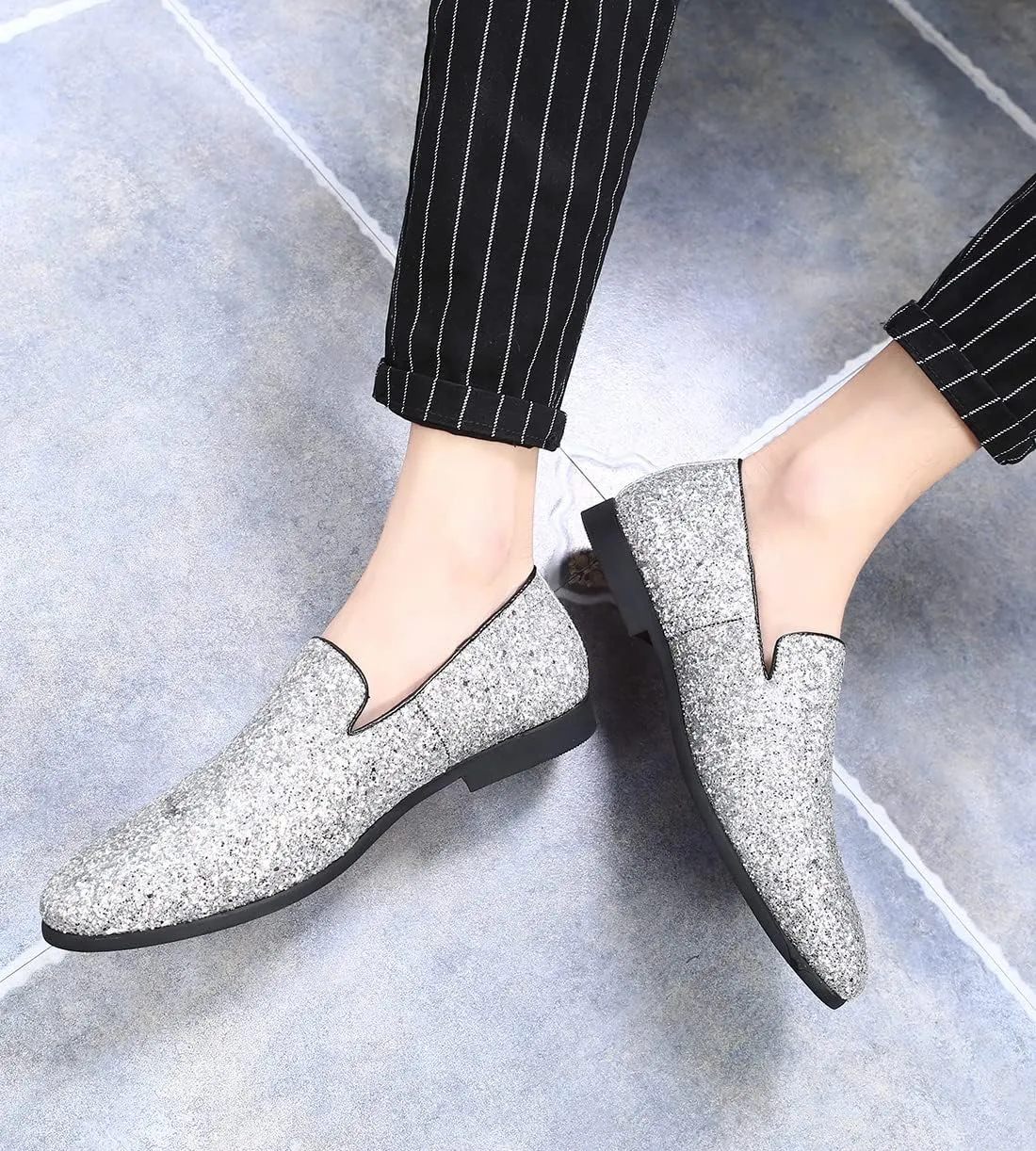 Santimon Mens Glitter Loafers Slip-On Dress Shoes – Sparkly Tuxedo & Suit Shoes for Weddings, Parties, and Formal Events