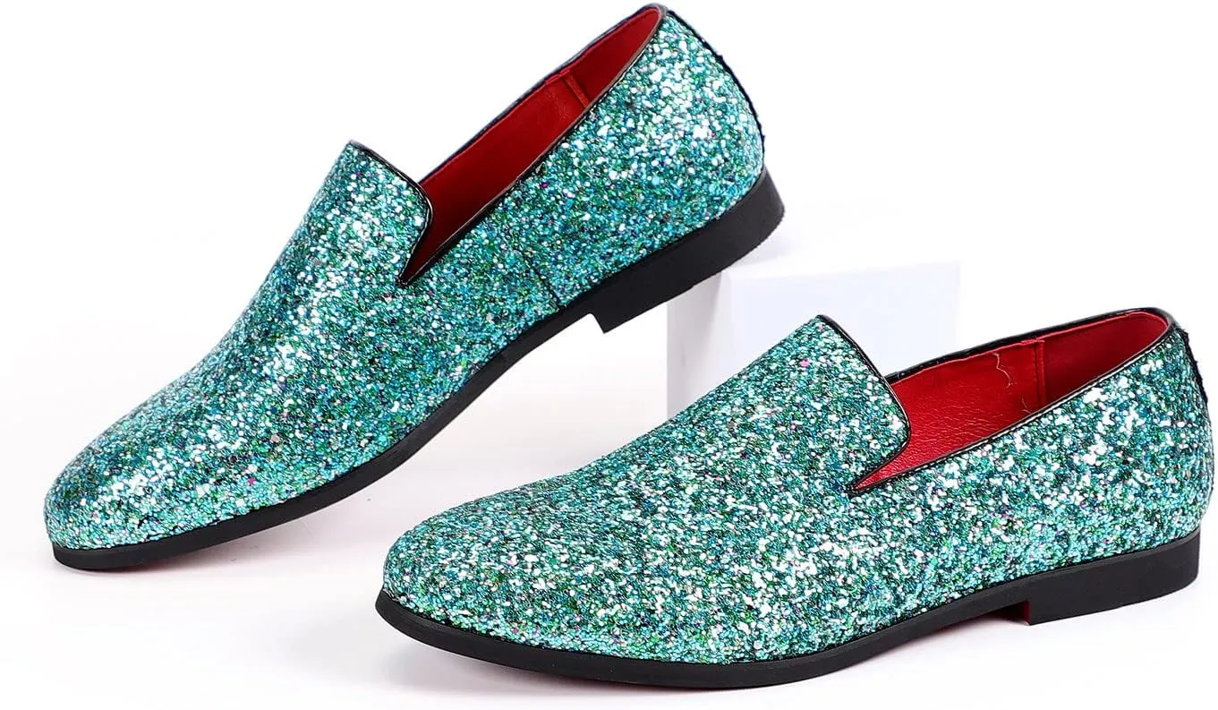 Santimon Mens Glitter Loafers Slip-On Dress Shoes – Sparkly Tuxedo & Suit Shoes for Weddings, Parties, and Formal Events