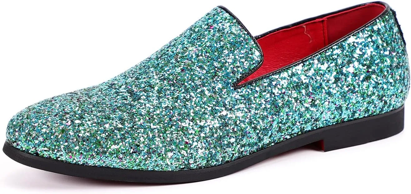 Santimon Mens Glitter Loafers Slip-On Dress Shoes – Sparkly Tuxedo & Suit Shoes for Weddings, Parties, and Formal Events