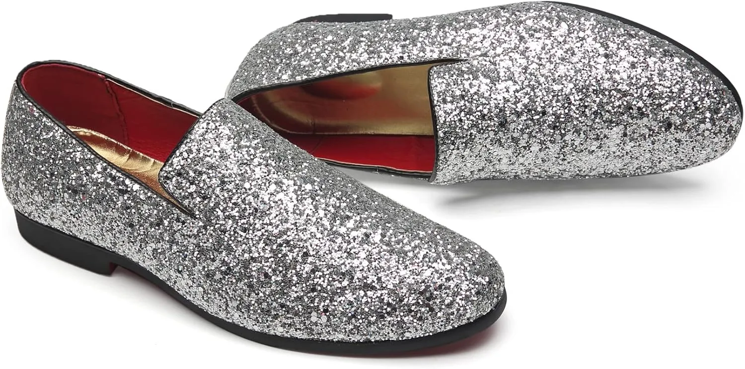 Santimon Mens Glitter Loafers Slip-On Dress Shoes – Sparkly Tuxedo & Suit Shoes for Weddings, Parties, and Formal Events