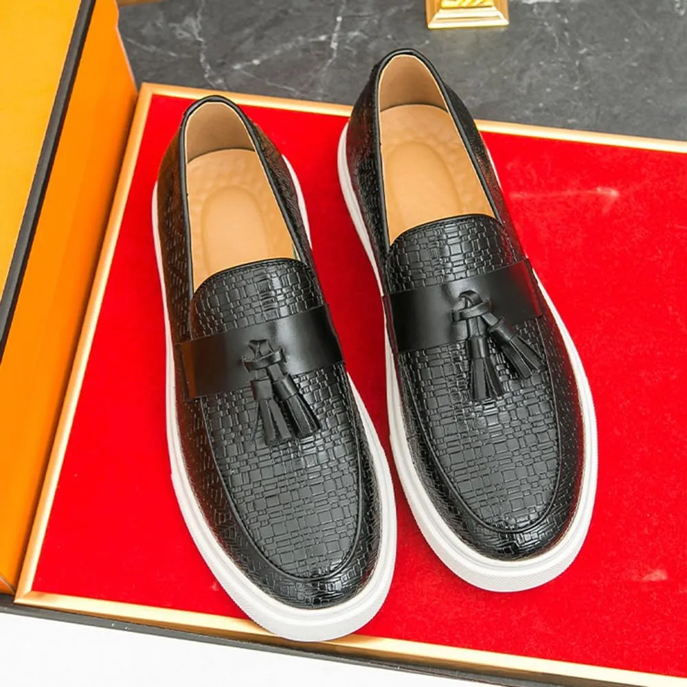 Santimon Men's Vintage Woven Leather Tassel Loafers Stylish Slip On Shoes Comfortable Penny Loafer Casual Dress Shoes for Men