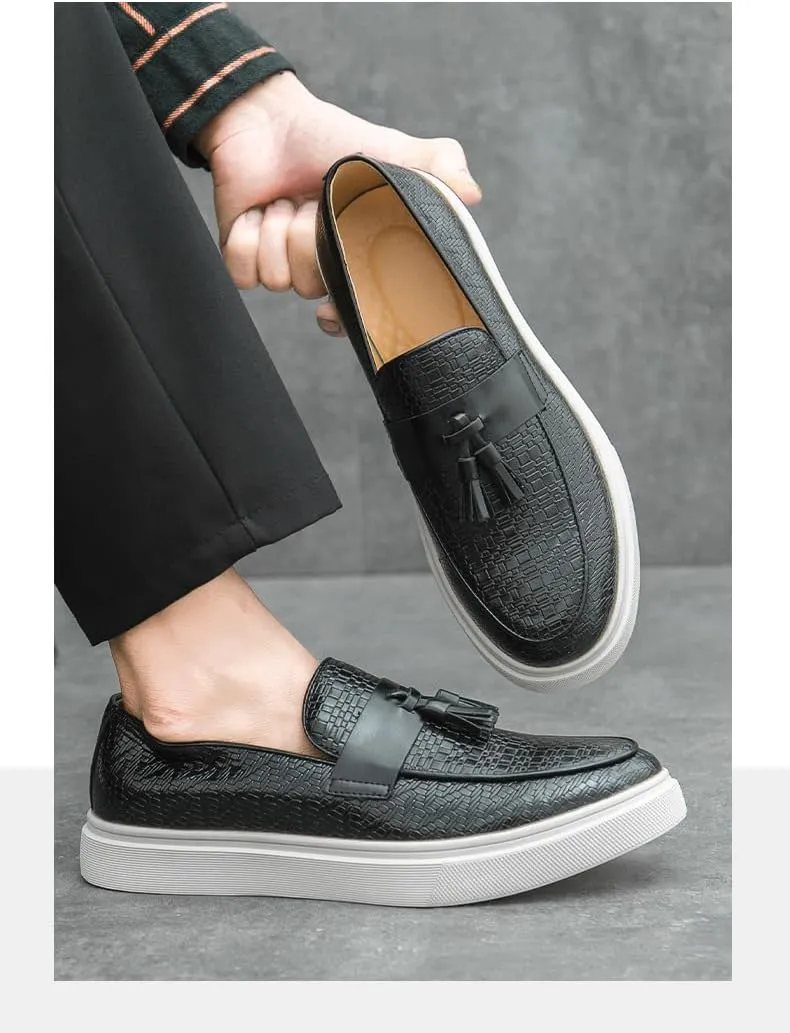 Santimon Men's Vintage Woven Leather Tassel Loafers Stylish Slip On Shoes Comfortable Penny Loafer Casual Dress Shoes for Men