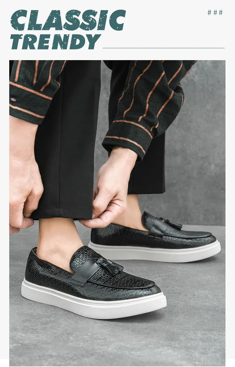 Santimon Men's Vintage Woven Leather Tassel Loafers Stylish Slip On Shoes Comfortable Penny Loafer Casual Dress Shoes for Men