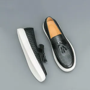 Santimon Men's Vintage Woven Leather Tassel Loafers Stylish Slip On Shoes Comfortable Penny Loafer Casual Dress Shoes for Men