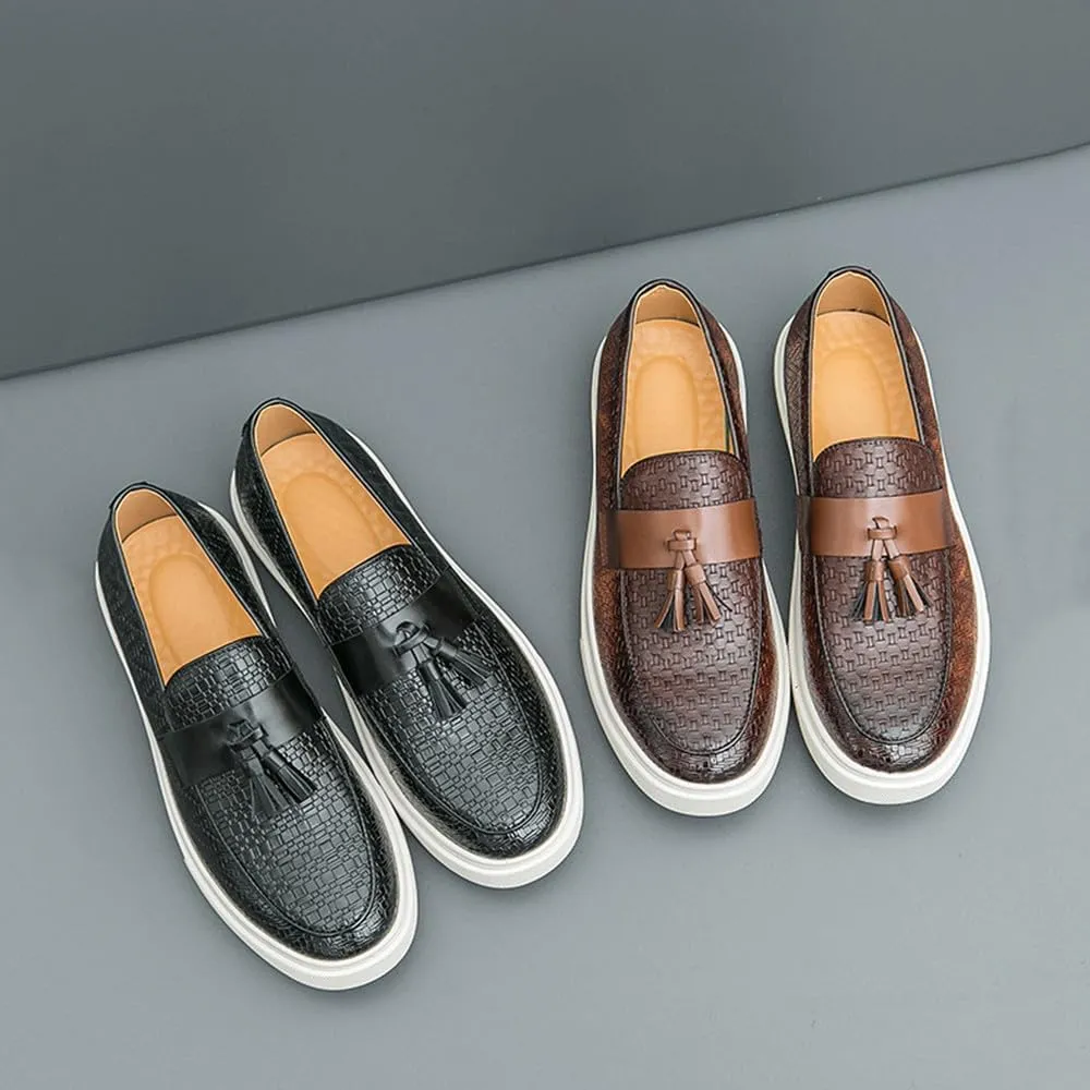 Santimon Men's Vintage Woven Leather Tassel Loafers Stylish Slip On Shoes Comfortable Penny Loafer Casual Dress Shoes for Men