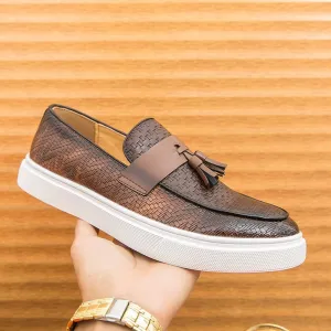 Santimon Men's Vintage Woven Leather Tassel Loafers Stylish Slip On Shoes Comfortable Penny Loafer Casual Dress Shoes for Men