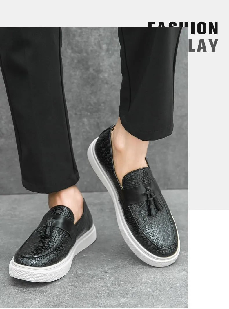 Santimon Men's Vintage Woven Leather Tassel Loafers Stylish Slip On Shoes Comfortable Penny Loafer Casual Dress Shoes for Men