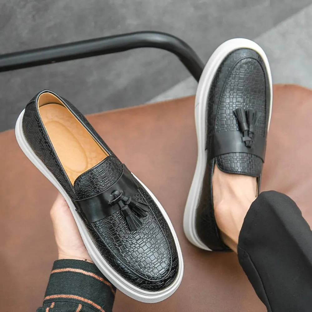 Santimon Men's Vintage Woven Leather Tassel Loafers Stylish Slip On Shoes Comfortable Penny Loafer Casual Dress Shoes for Men