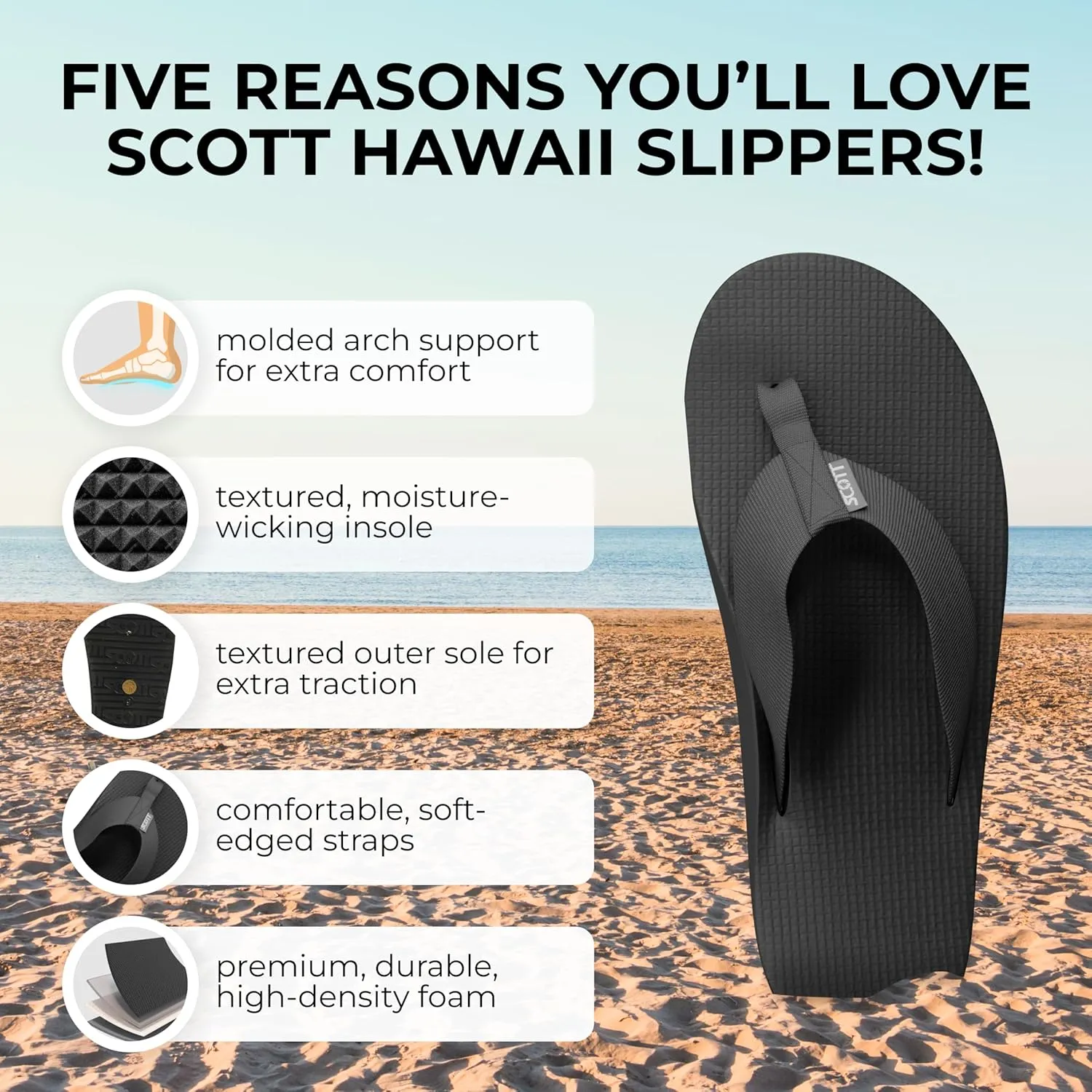 Scott Hawaii Men's Haleiwa Sandal | Tubualr Nylon Strap Rolls Against Skin | Lightweight Molded Outsole With Arch | Podiatrist Recommended | Narrow Width Flip Flop