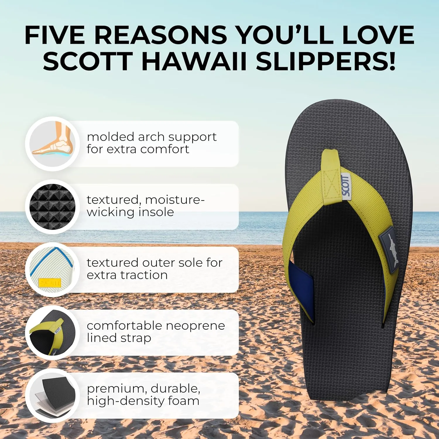 Scott Hawaii Men's Hanapa'a Sandal | Fish Flag Design | Neoprene Lined Strap | Molded Outsole With Arch Suport And Heel Cup | Non-marking No-slip | Marine And Boat Friendly Flip Flop