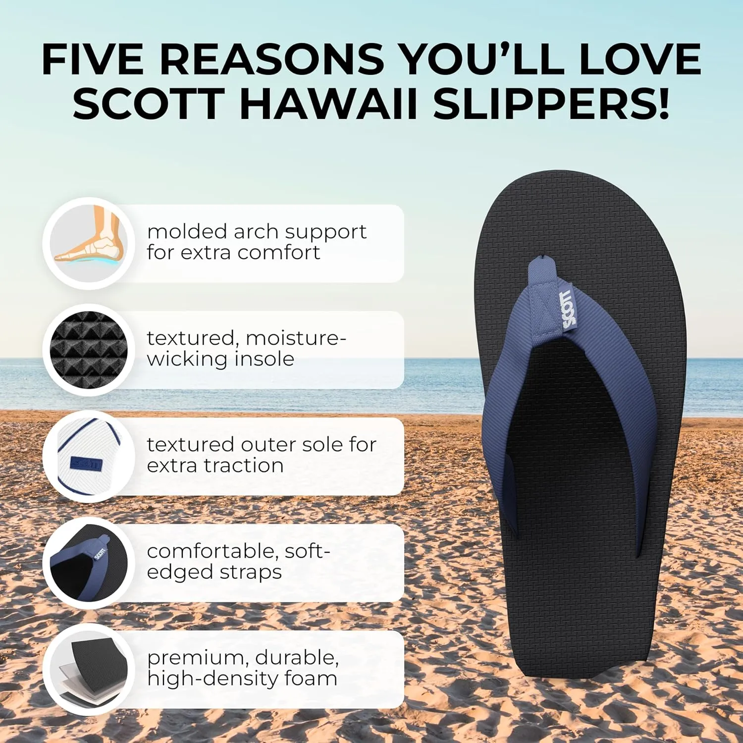 Scott Hawaii Men's Hokulea Sandal | Tubular Nylon Strap Rolls Against Skin | Molded Outolse With Arch Support And Heel Cup | Non-Marking No-Slip | Marine And Boat Friendly Flip Flop