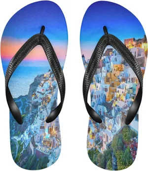 Sea Oia Village Summer Morning Womens Flip Flops Summer Beach Sandals Casual Thong Slippers Comfortable Shower Slippers Non Slip Water Sandals shoes XXL