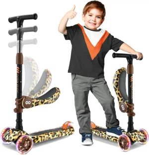 SereneLife 3 Wheeled Scooter for Kids - 2-in-1 Sit/Stand Child Toddlers Toy Kick Scooters w/ Flip-Out Seat, Adjustable Height, Wide Deck, Flashing Wheel Lights for Outdoor Fun - SLKSLP5 (Leopard)