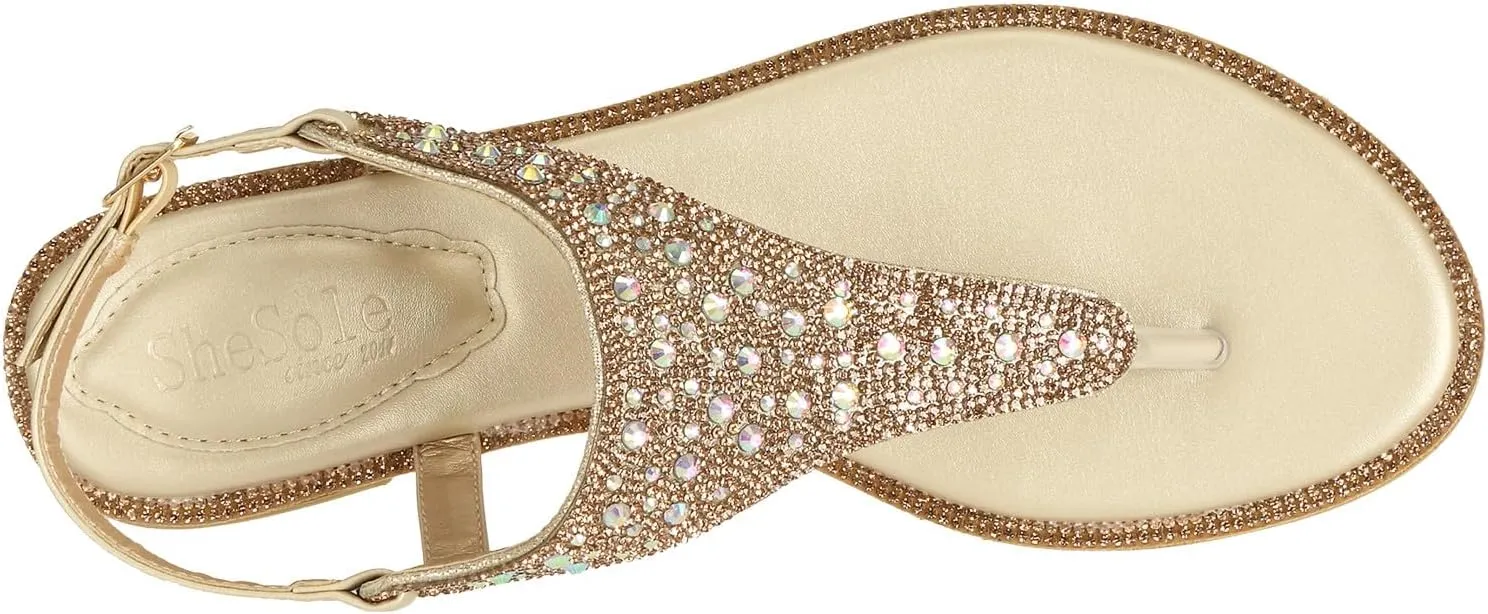 SheSole Women's Silver Thong Sandals Dressy Summer Bling Rhinestone Flat Wedding Shoes