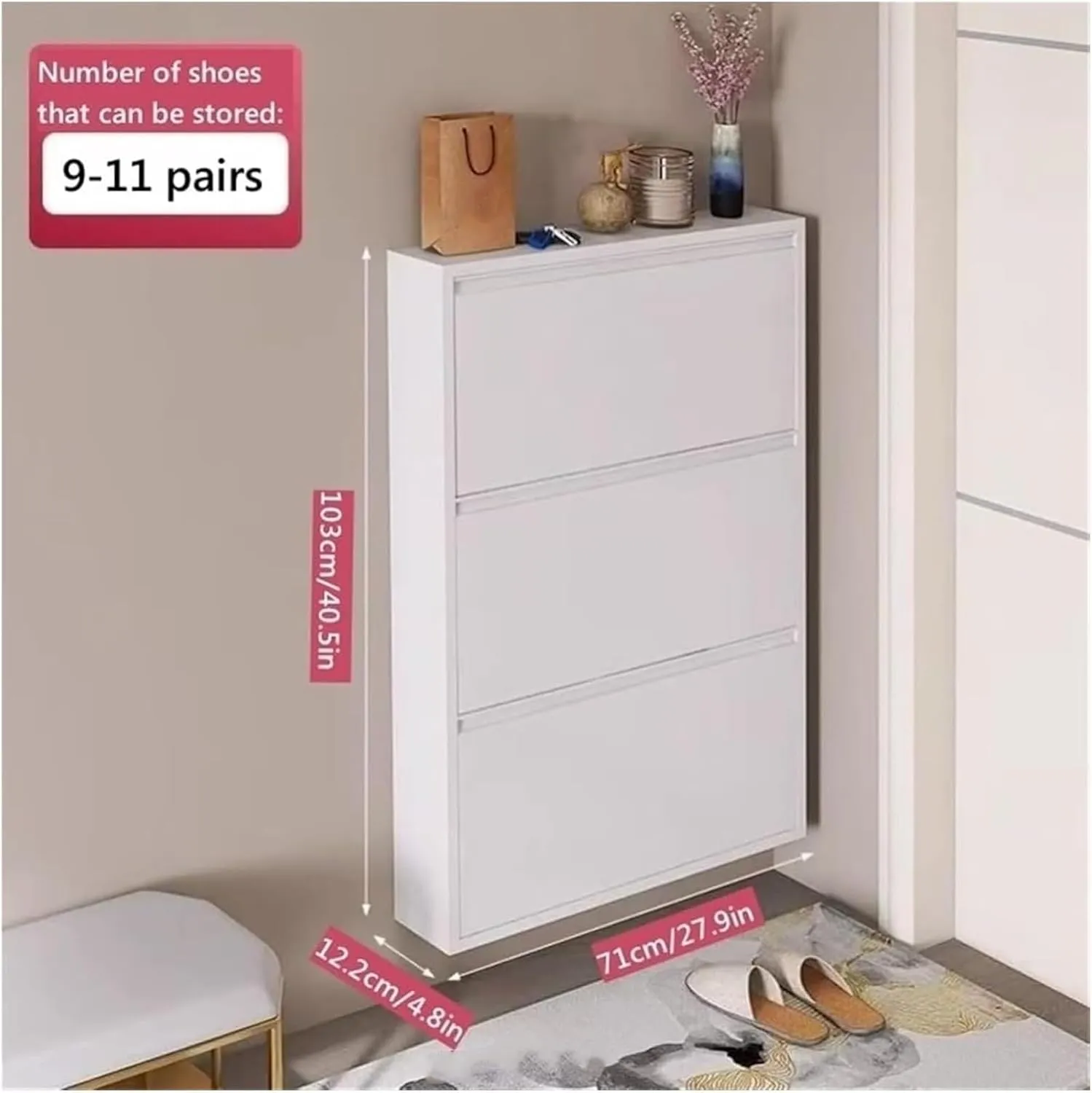 Shoe Cabinet Storage for Entryway,White Metal Wall Mounted Shoe Cabinet,with Flip-Down Door Shoes Rack,Slim Shoes Organizer, for Home(71x12.2x103cm)