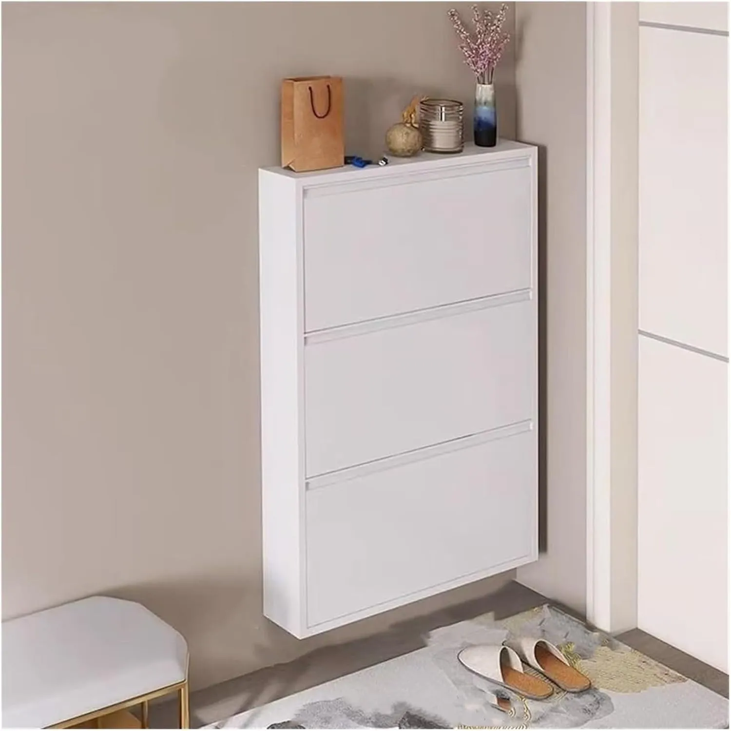 Shoe Cabinet Storage for Entryway,White Metal Wall Mounted Shoe Cabinet,with Flip-Down Door Shoes Rack,Slim Shoes Organizer, for Home(71x12.2x103cm)