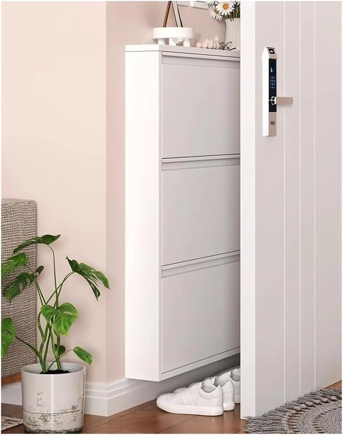 Shoe Cabinet Storage for Entryway,White Metal Wall Mounted Shoe Cabinet,with Flip-Down Door Shoes Rack,Slim Shoes Organizer, for Home(71x12.2x103cm)