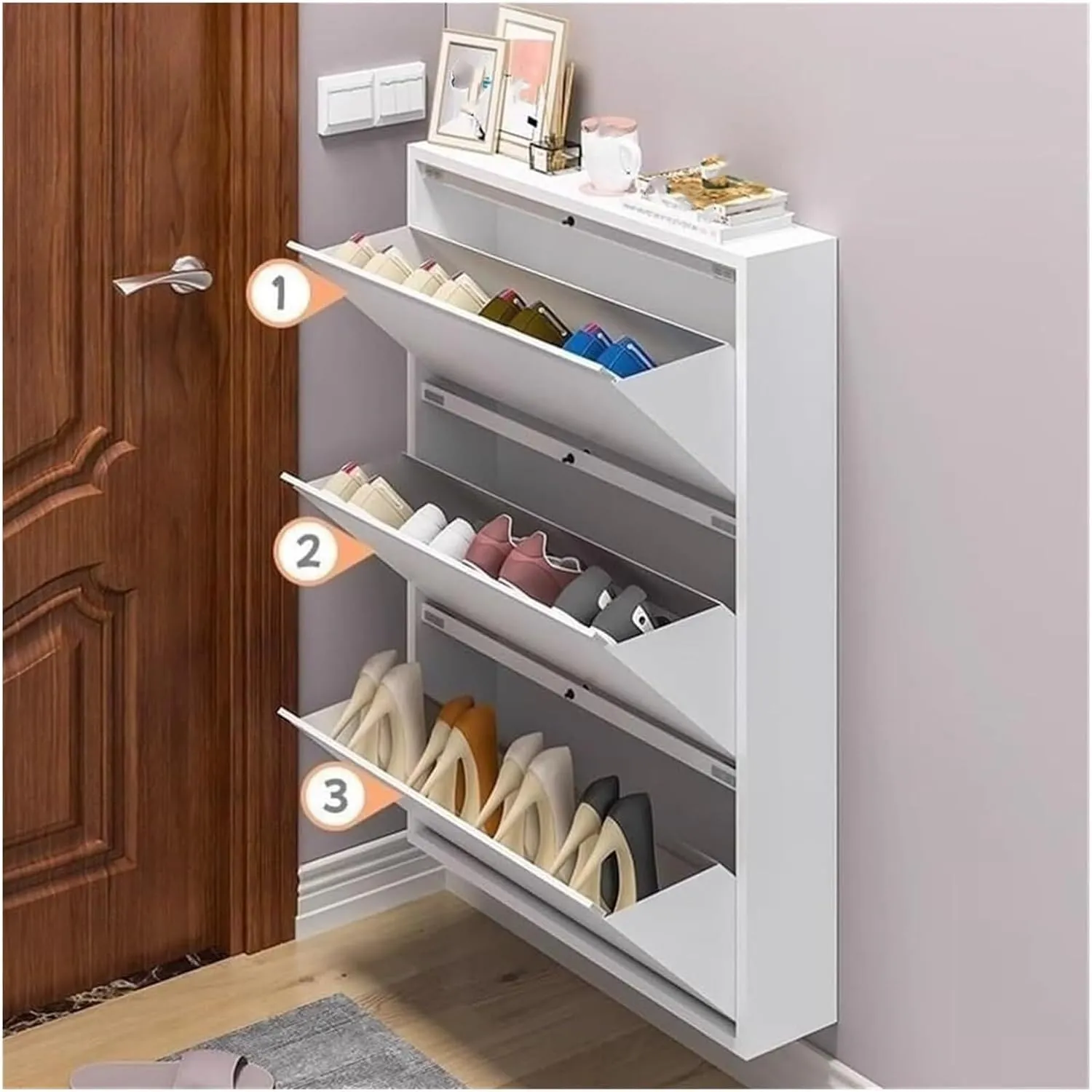 Shoe Cabinet Storage for Entryway,White Metal Wall Mounted Shoe Cabinet,with Flip-Down Door Shoes Rack,Slim Shoes Organizer, for Home(71x12.2x103cm)