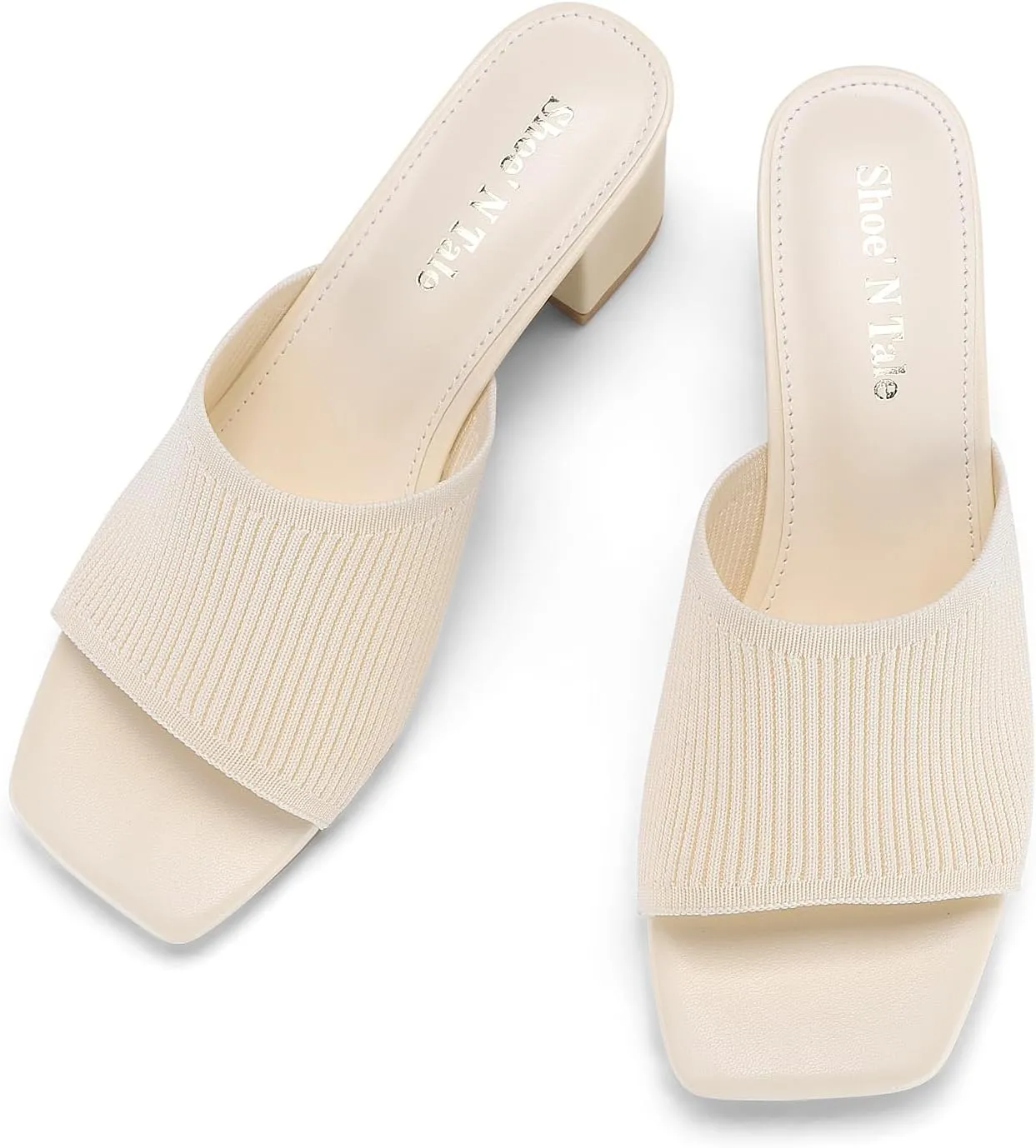 Shoe'N Tale Heeled Sandals For Women Square Open Toe Heeled Mules Chunky Block Low Heel Slip On Slides