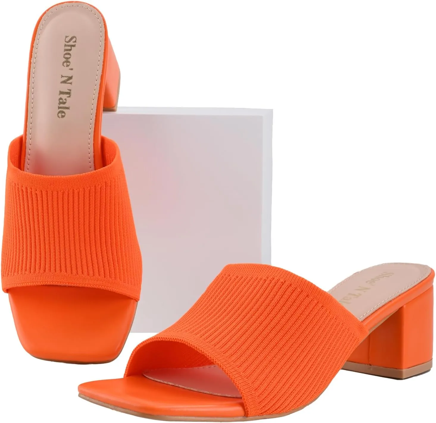 Shoe'N Tale Heeled Sandals For Women Square Open Toe Heeled Mules Chunky Block Low Heel Slip On Slides