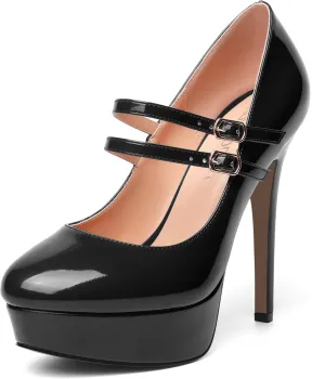 SHOWFOREST Womens Sexy Adjustable Strap Slip On Party Patent Round Toe Stiletto High Heel Pumps Shoes 5 Inch