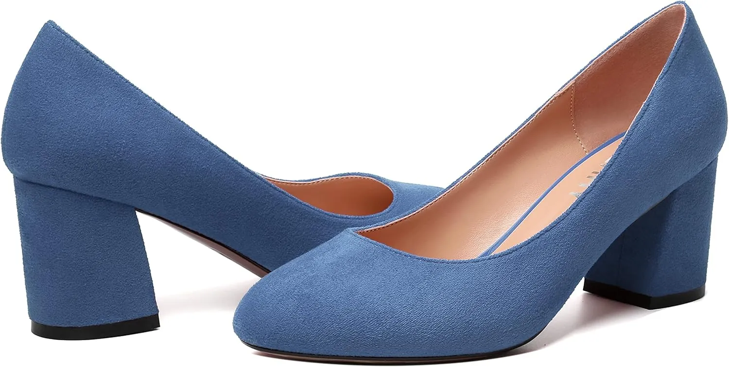 SKYSTERRY Womens Cute Round Toe Slip On Suede Wedding Block Mid Heel Pumps Shoes 2.5 Inch