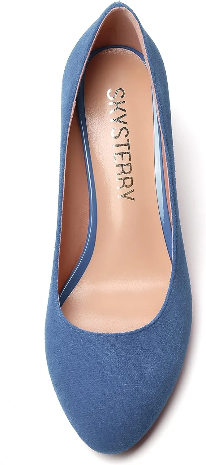 SKYSTERRY Womens Cute Round Toe Slip On Suede Wedding Block Mid Heel Pumps Shoes 2.5 Inch