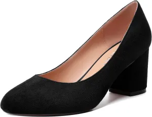 SKYSTERRY Womens Cute Round Toe Slip On Suede Wedding Block Mid Heel Pumps Shoes 2.5 Inch