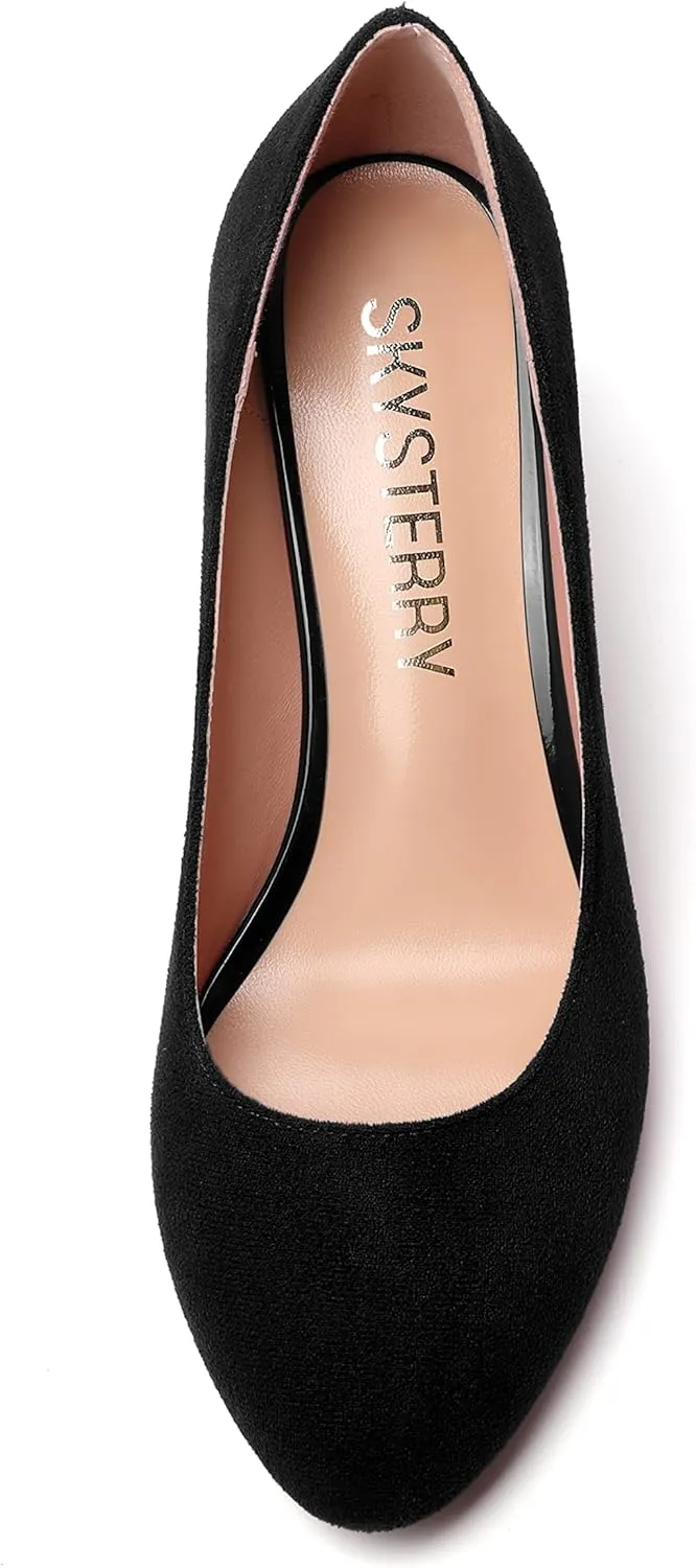 SKYSTERRY Womens Cute Round Toe Slip On Suede Wedding Block Mid Heel Pumps Shoes 2.5 Inch