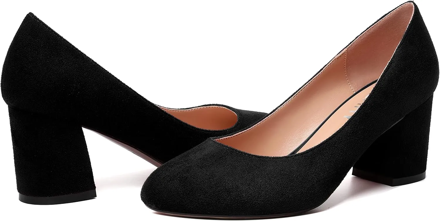 SKYSTERRY Womens Cute Round Toe Slip On Suede Wedding Block Mid Heel Pumps Shoes 2.5 Inch