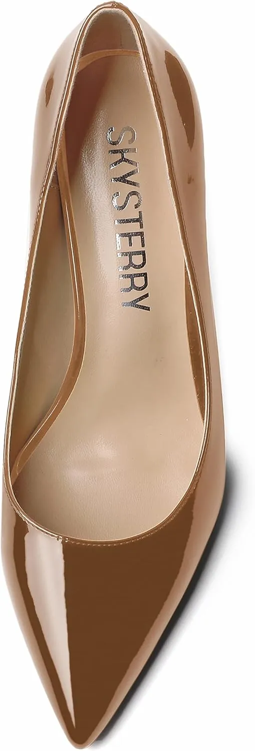 SKYSTERRY Women's Slip On Casual Patent Pointed Toe Office Spool High Heel Pumps Shoes 3.3 Inch