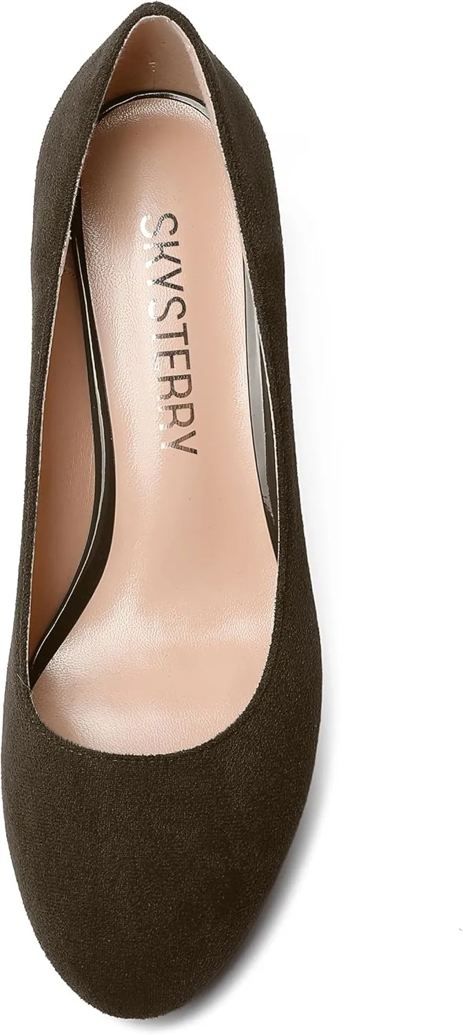 SKYSTERRY Womens Suede Slip On Round Toe Cute Evening Spool Mid Heel Pumps Shoes 2.5 Inch