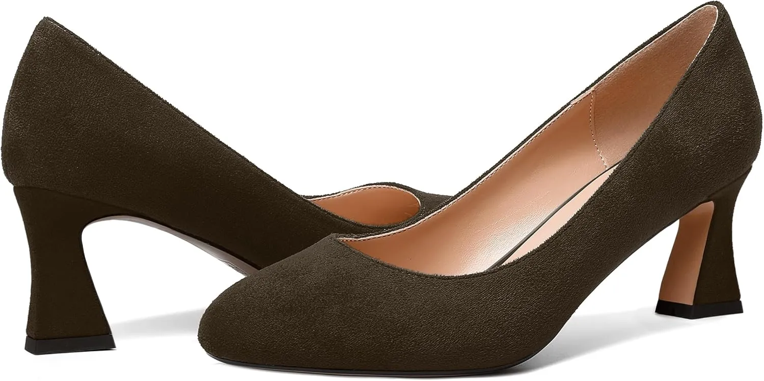 SKYSTERRY Womens Suede Slip On Round Toe Cute Evening Spool Mid Heel Pumps Shoes 2.5 Inch