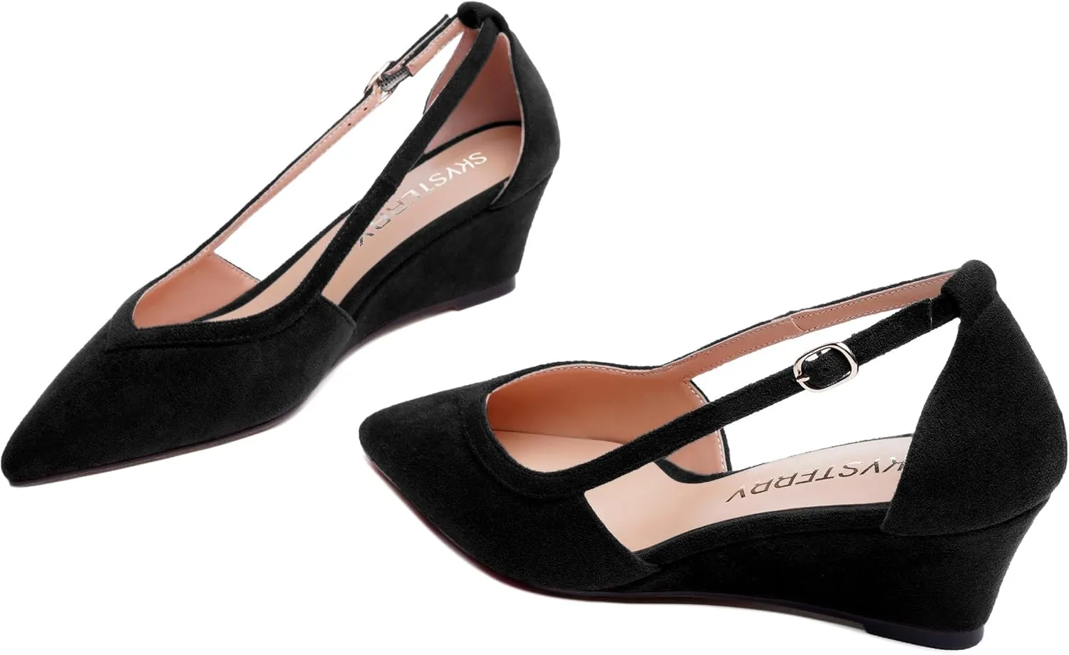 SKYSTERRY Womens Wedding Suede Slip On Pointed Toe Dress Wedge Low Heel Pumps Shoes 2 Inch
