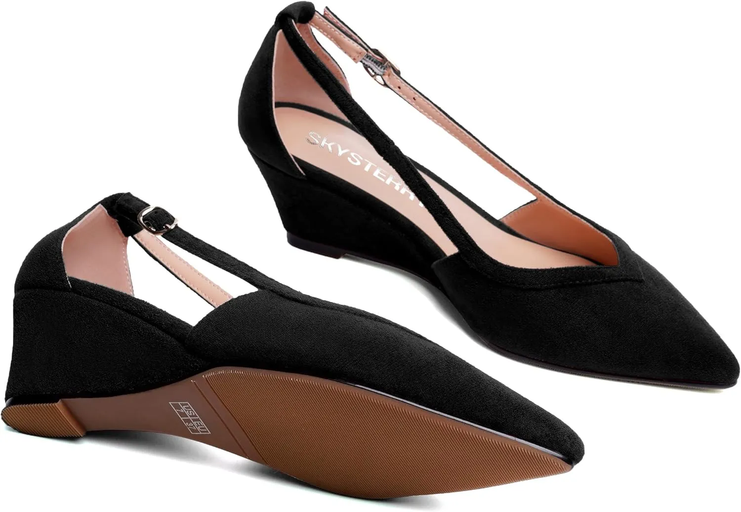 SKYSTERRY Womens Wedding Suede Slip On Pointed Toe Dress Wedge Low Heel Pumps Shoes 2 Inch