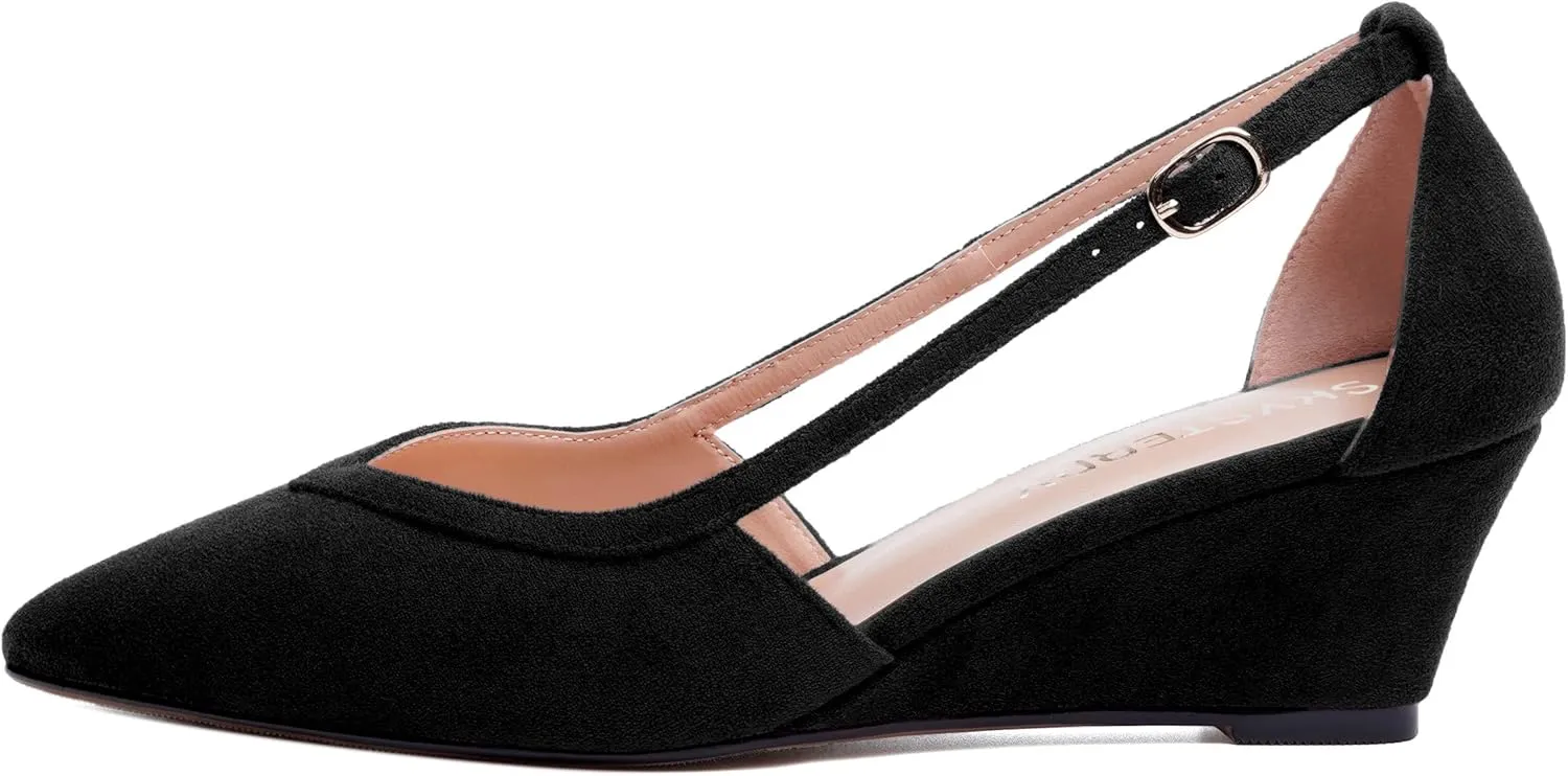 SKYSTERRY Womens Wedding Suede Slip On Pointed Toe Dress Wedge Low Heel Pumps Shoes 2 Inch